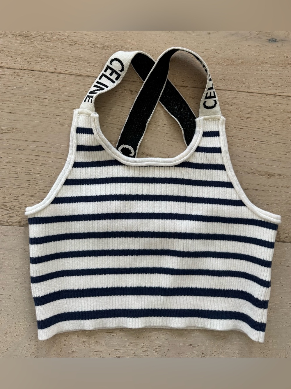 Celine Paris navy and cream stripe knit crop top bralette logo M/L wool silk